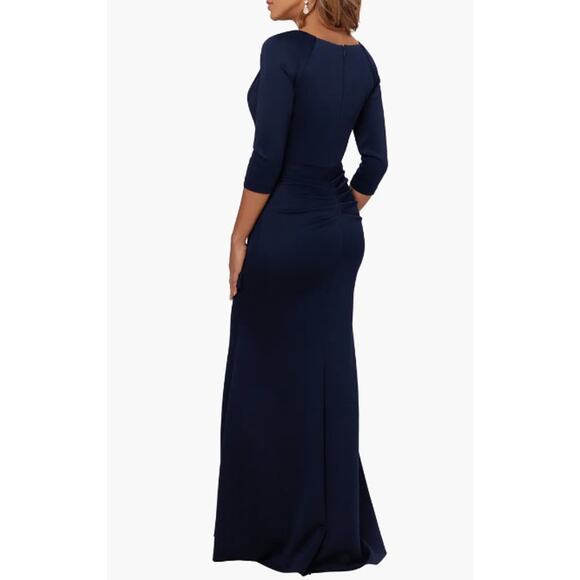 XSCAPE Women's Ruched Scuba Ruffle Gown Size 8 Midnight Blue 3/4 Sleeves NWT - Picture 3 of 10